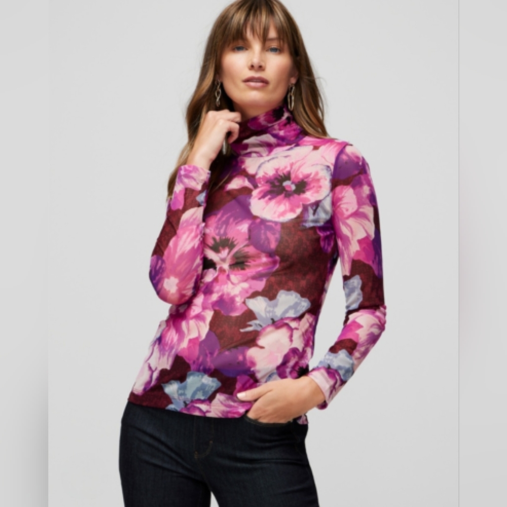 NEW White House Black Market Long Sleeve Mesh TurtleneckIn Pink Floral